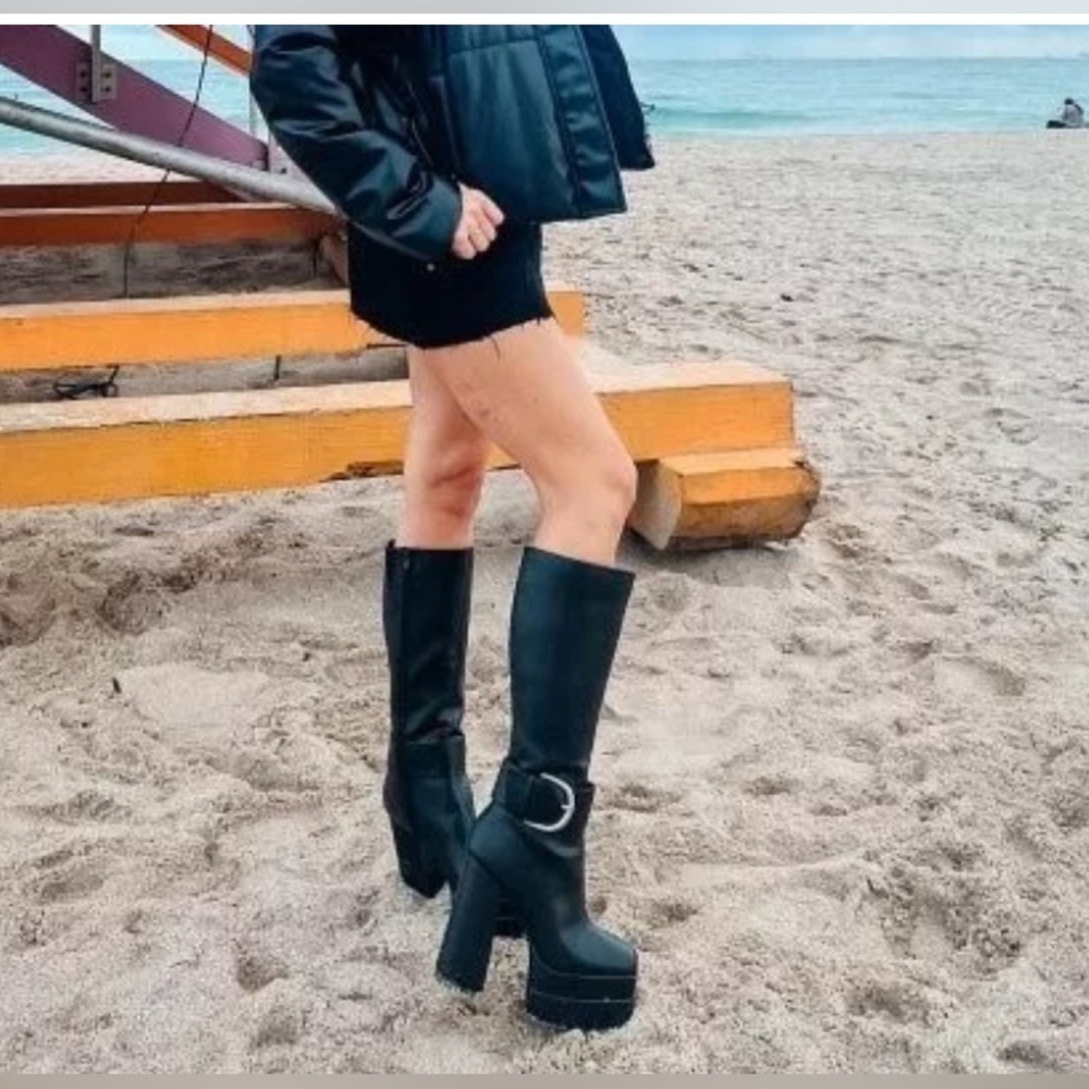 SHOE DAZZLE Black Platform Knee-High Tall Chunky Heeled Boots Shoes Size 10 - Picture 7 of 14